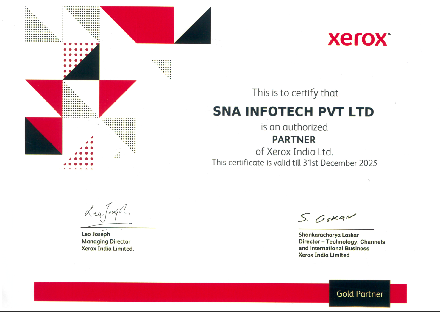 Xerox India authorised Gold Partner certificate issued to SNA Infotech